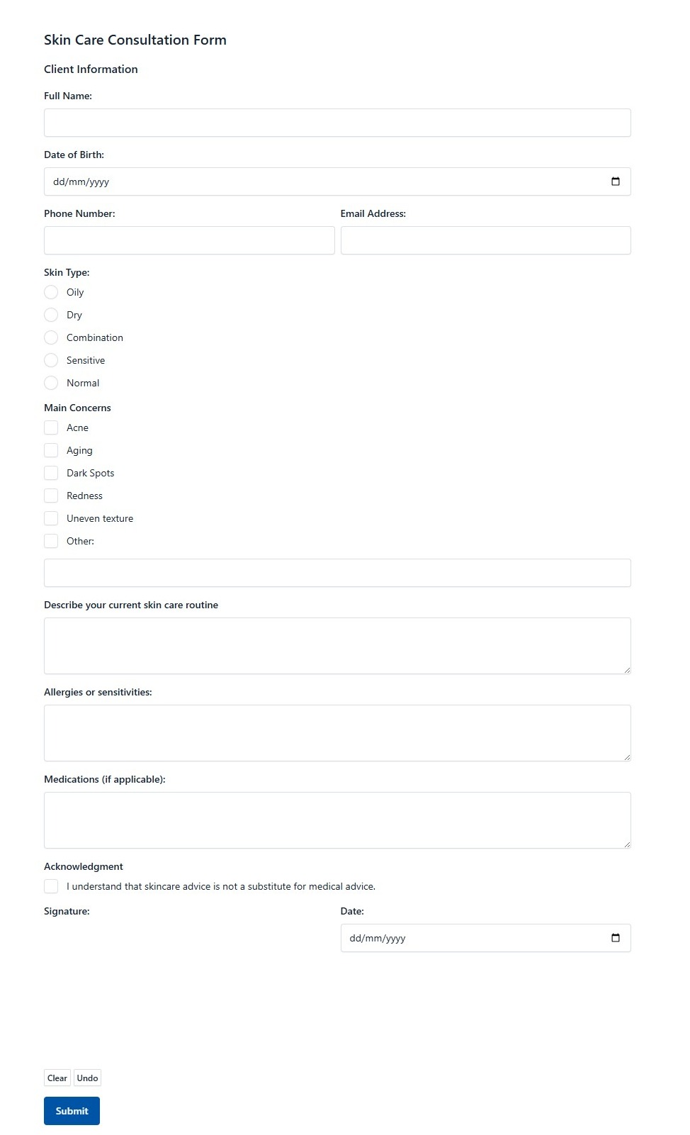Skin Care Consultation Form
