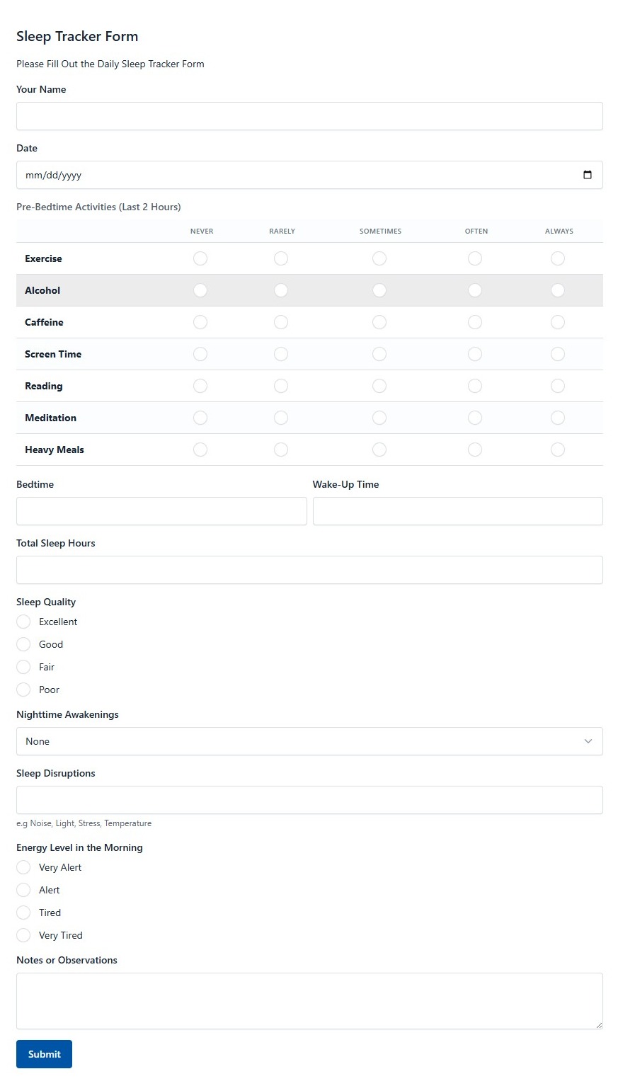 Sleep Tracker Form