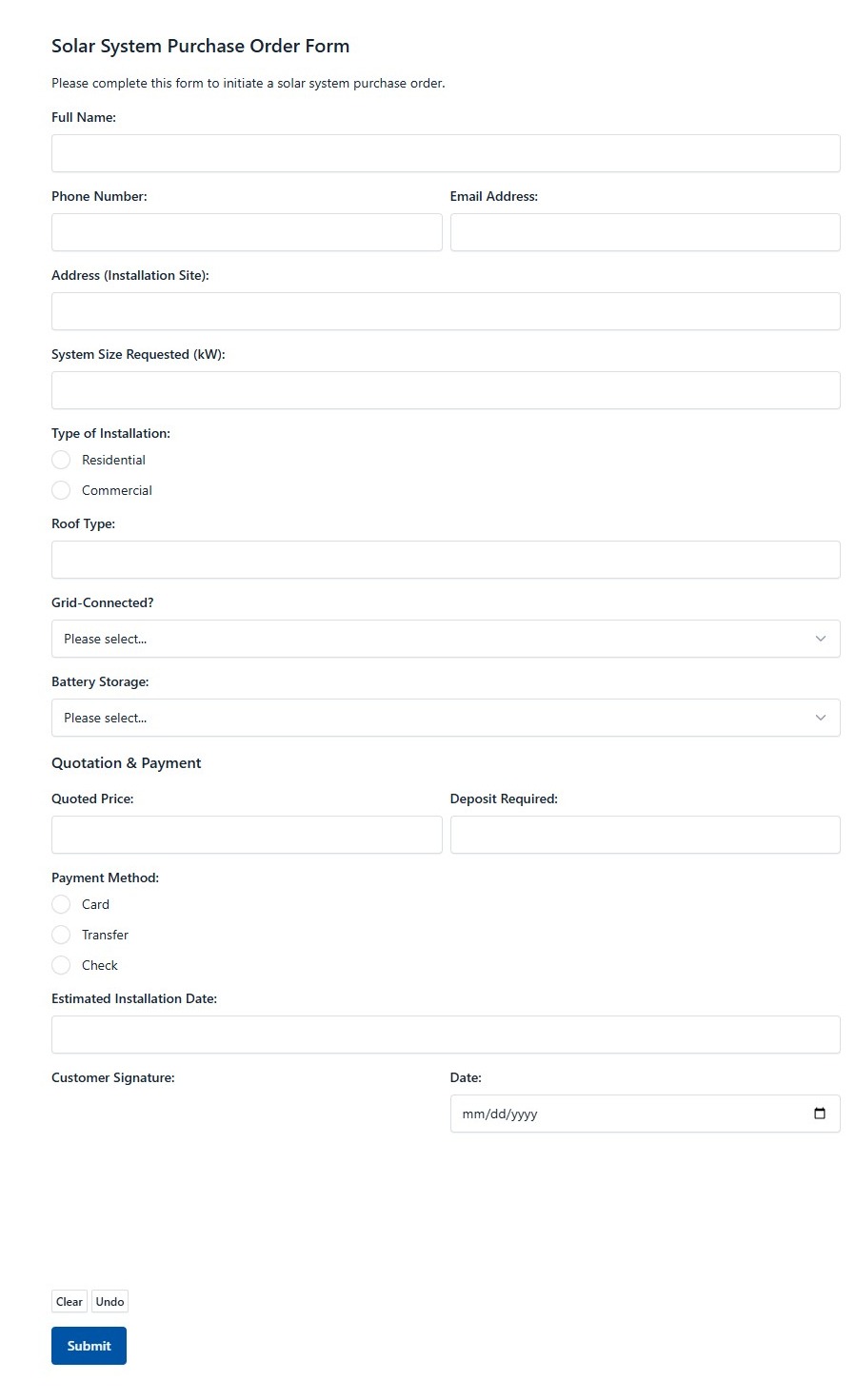 Solar System Purchase Order Form