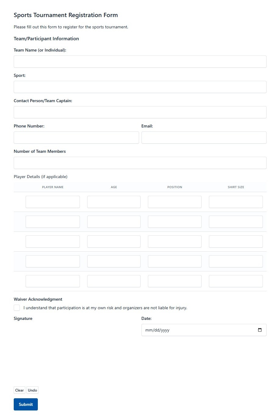 Sports Tournament Registration Form