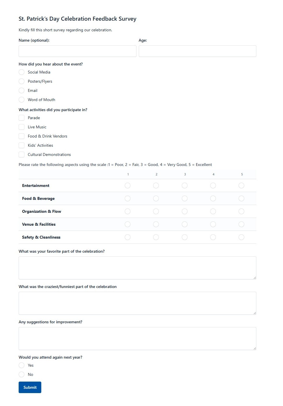 St Patricks Day Celebration Feedback Survey