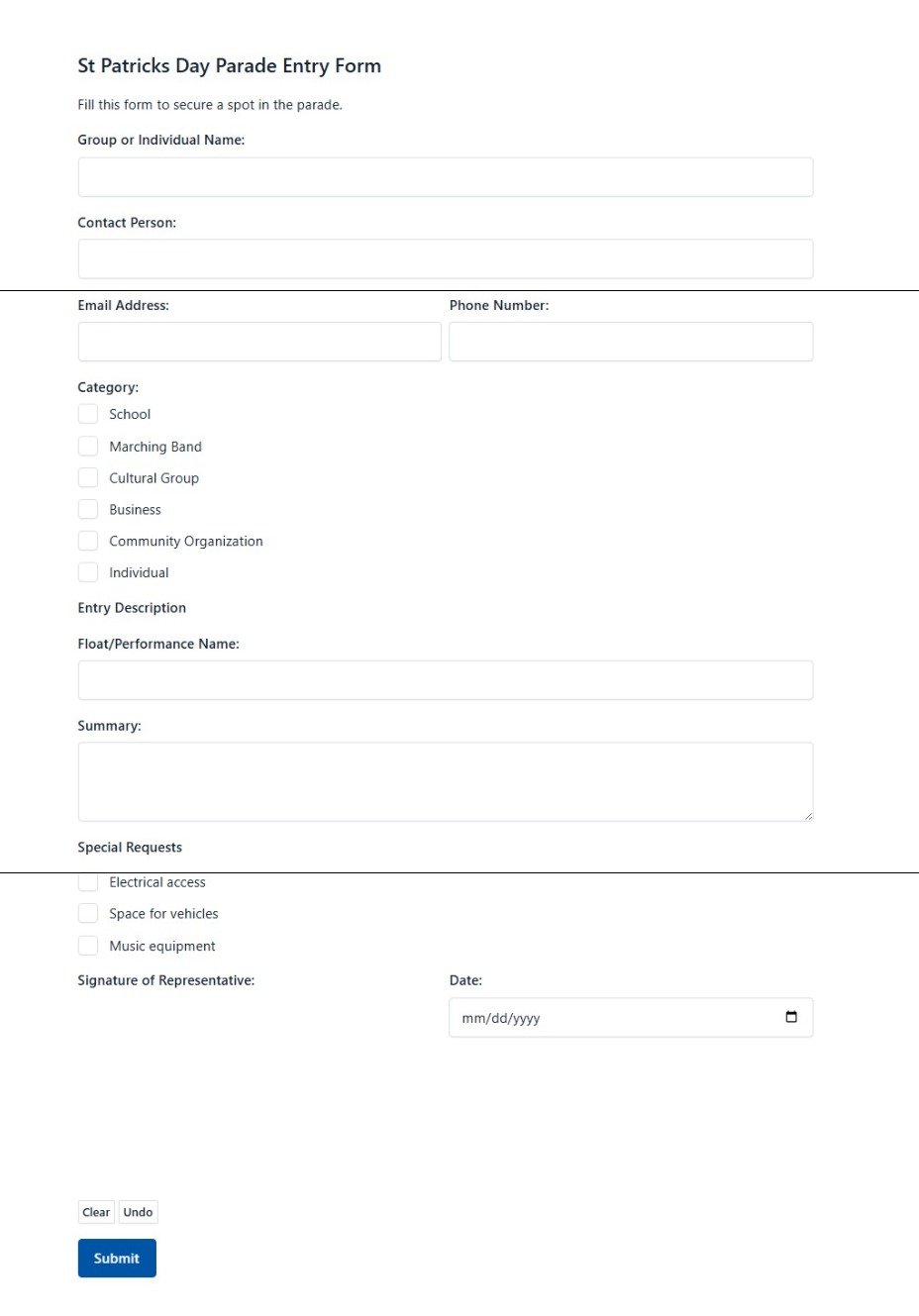 St Patricks Day Parade Entry Form