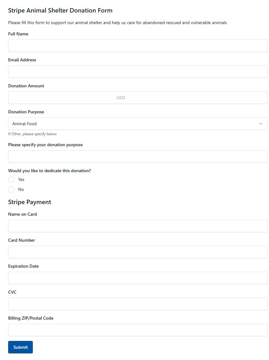 Stripe Animal Shelter Donation Form
