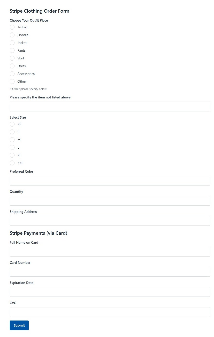 Stripe Clothing Order Form