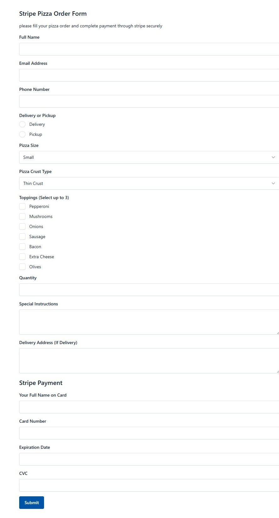 Stripe Pizza Order Form