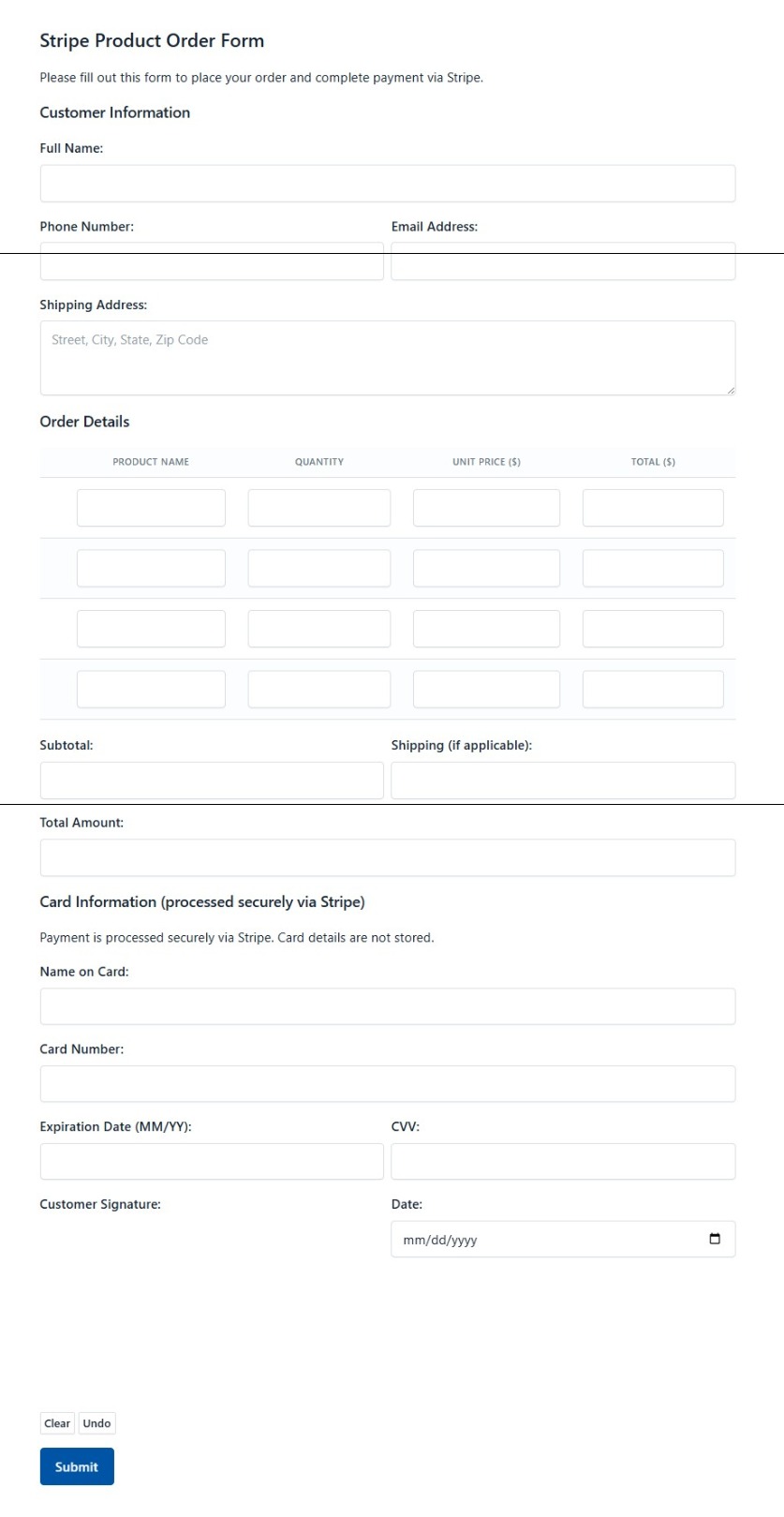 Stripe Product Order Form