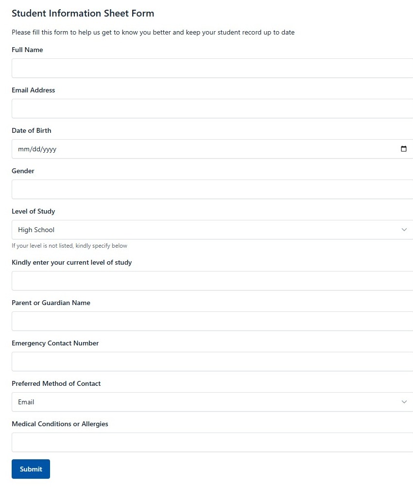 Student Information Sheet Form