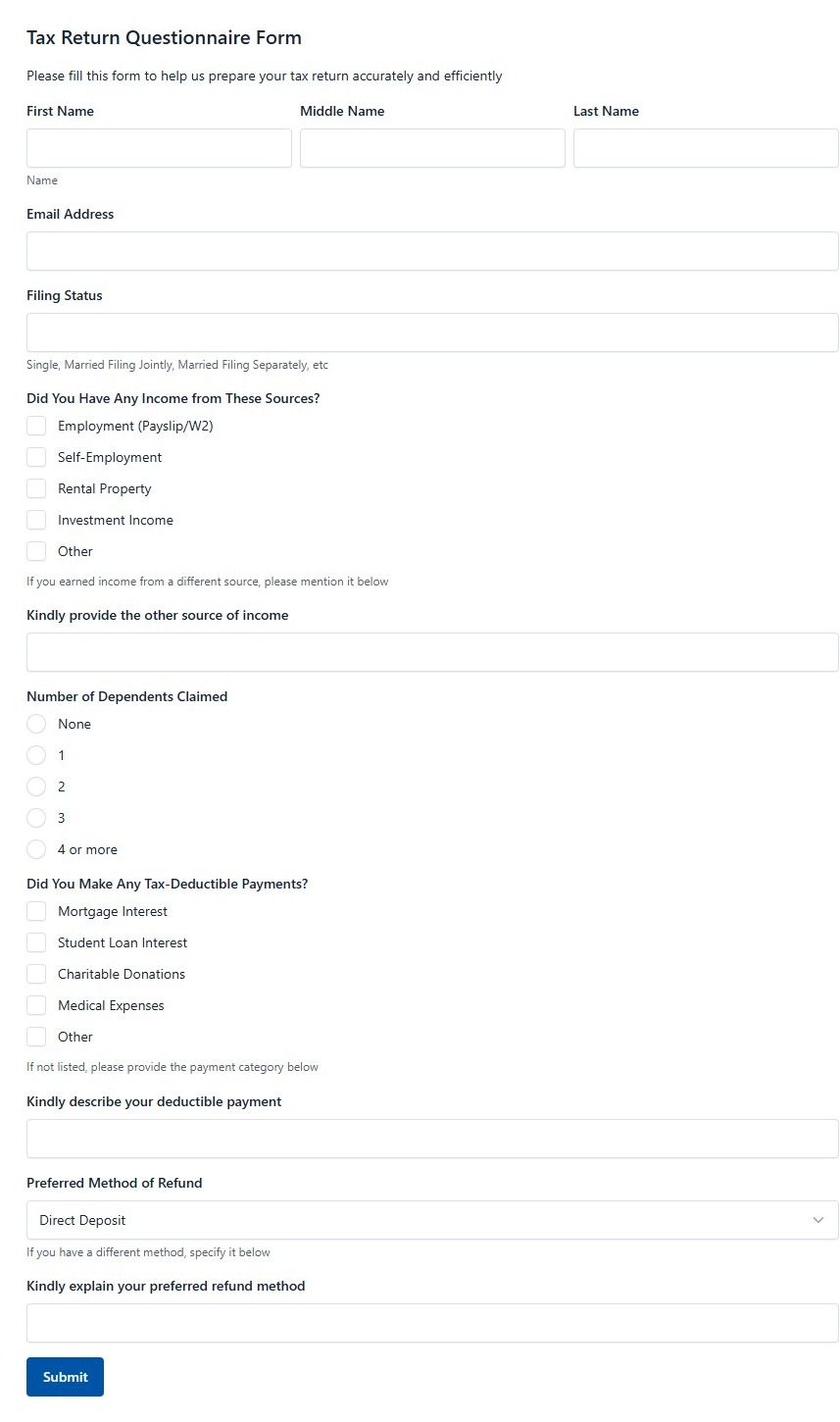 Tax Return Questionnaire Form