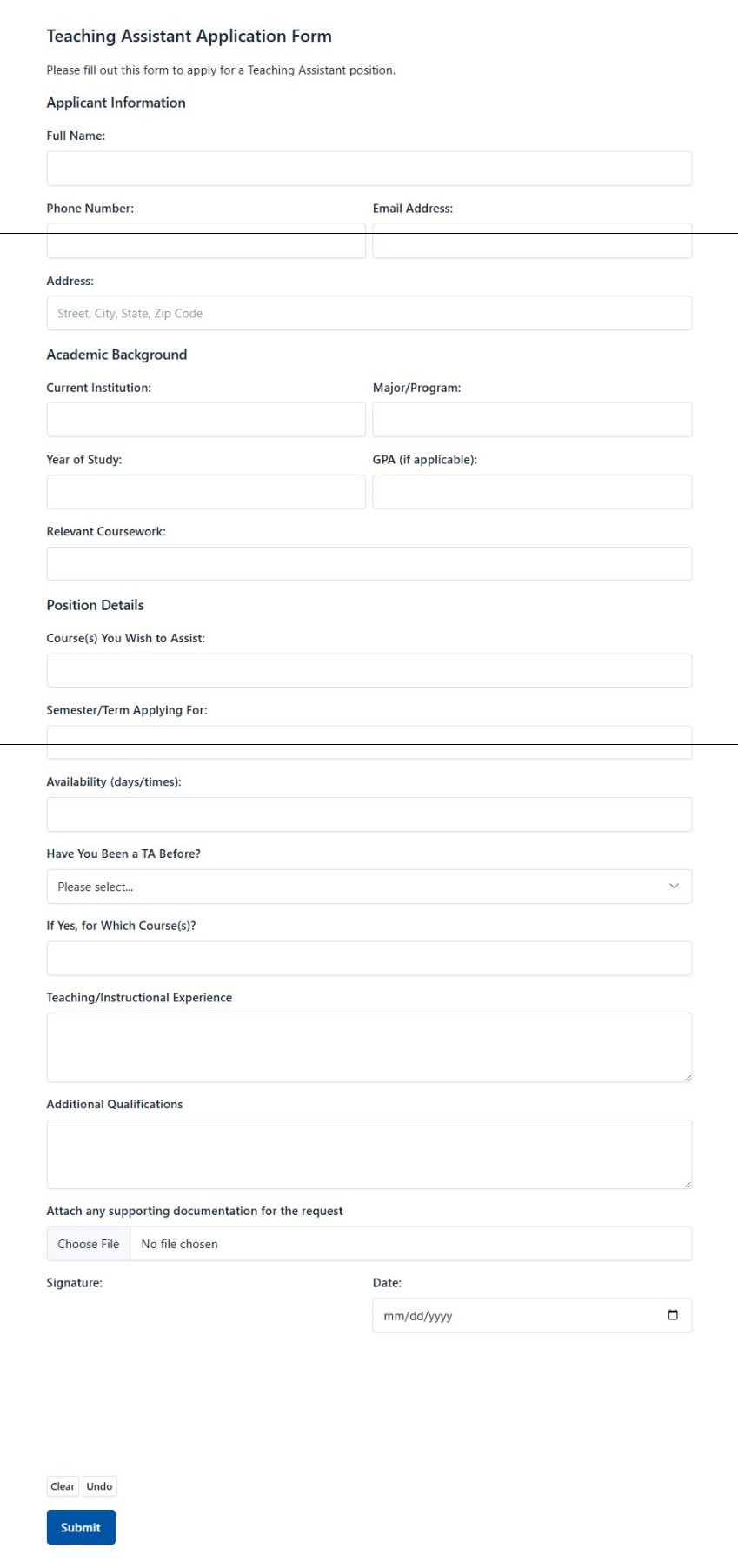 Teaching Assistant Application Form