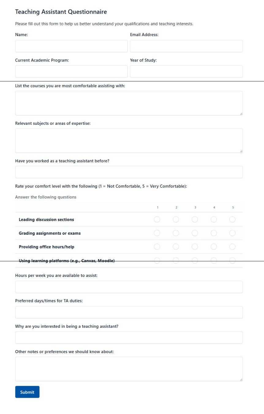 Teaching Assistant Questionnaire