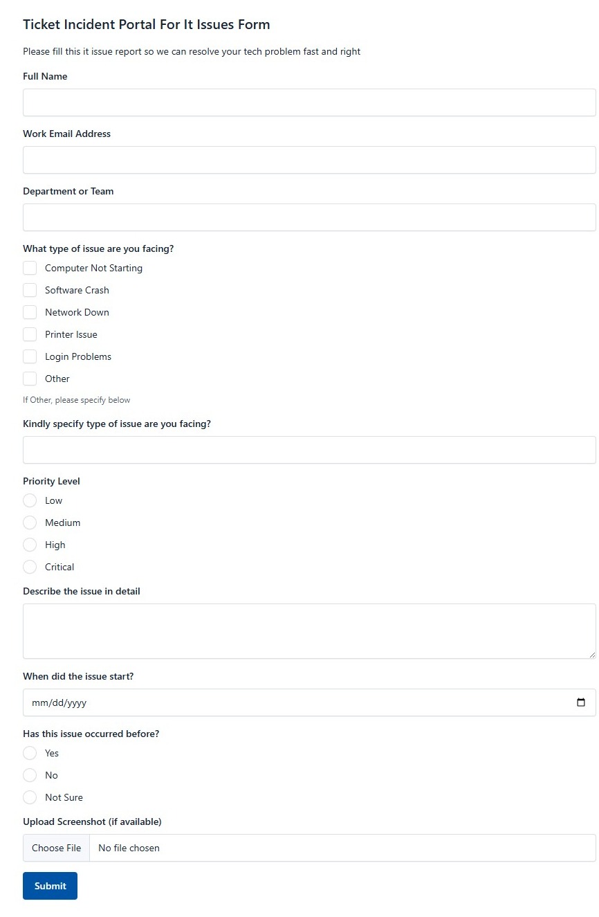 Ticket Incident Portal For It Issues