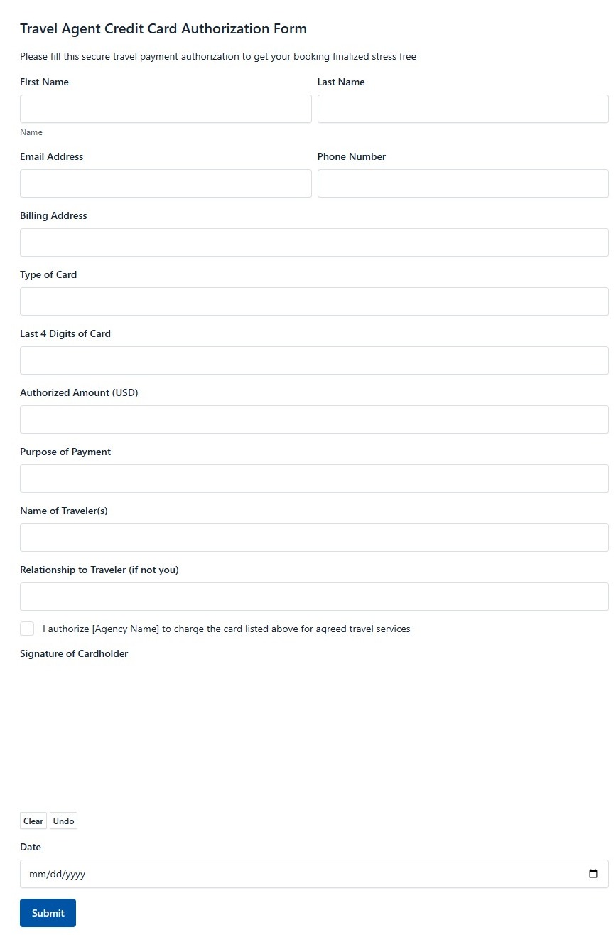 Travel Agent Credit Card Authorization Form