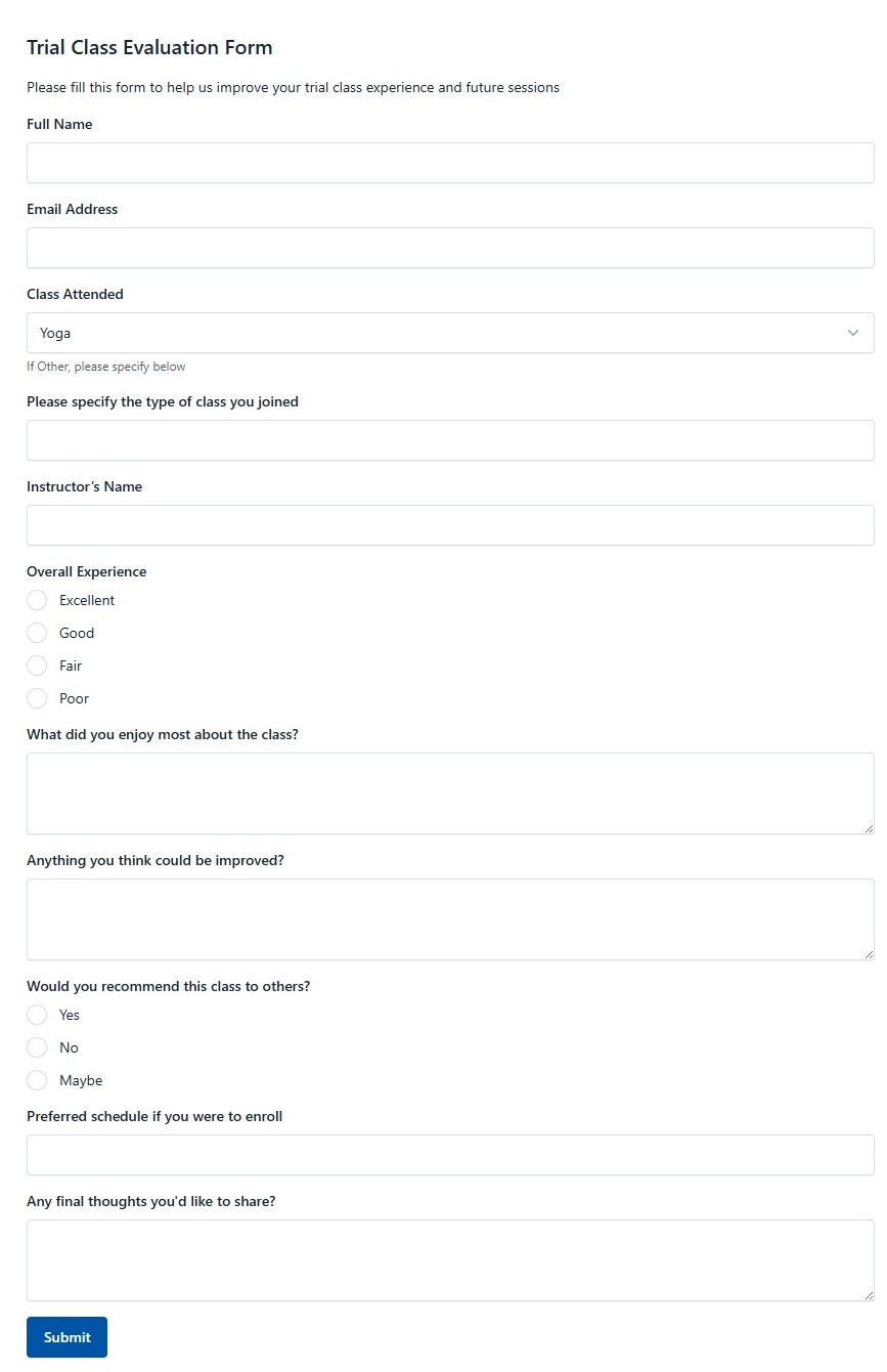 Trial Class Evaluation Form