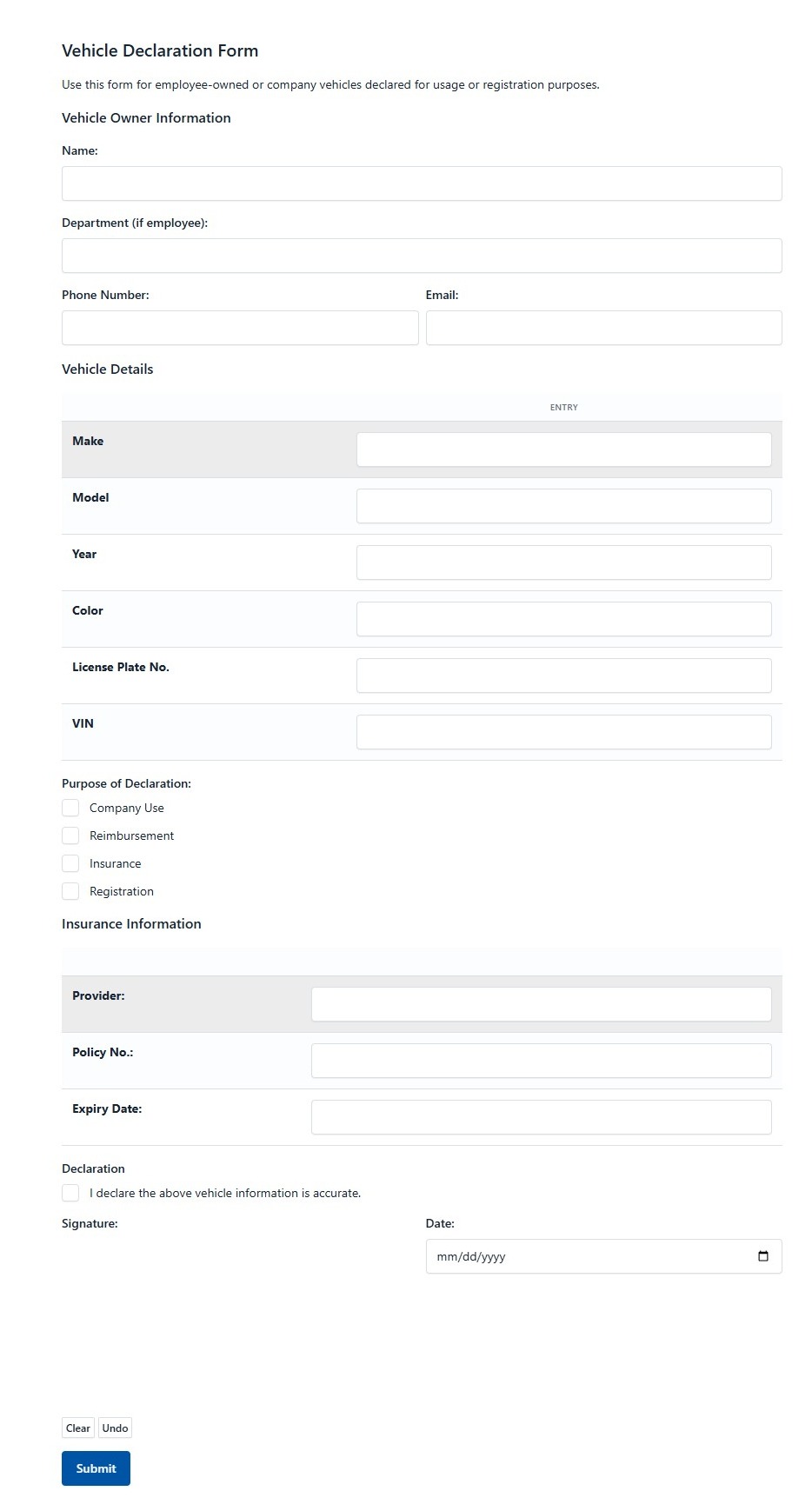 Vehicle Declaration Form