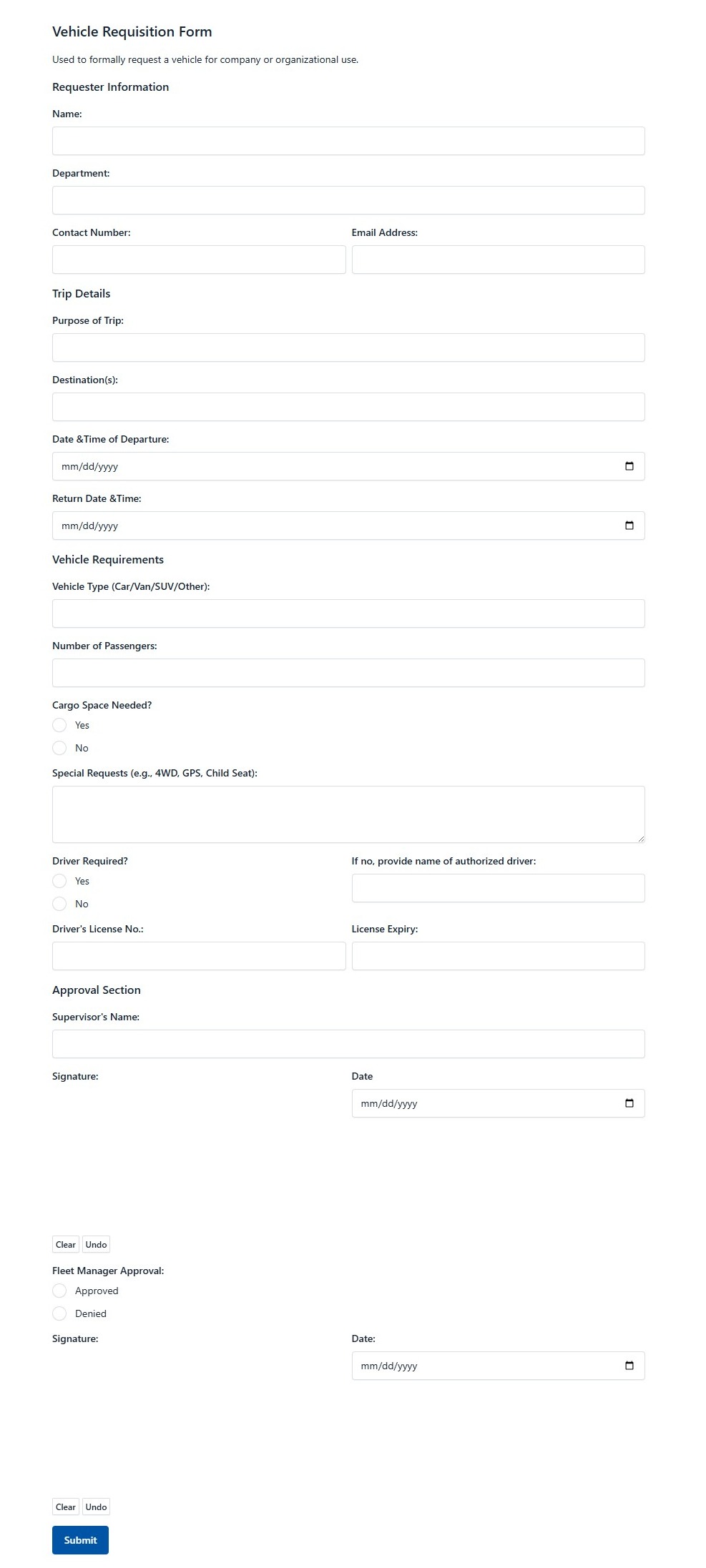 Vehicle Requisition Form