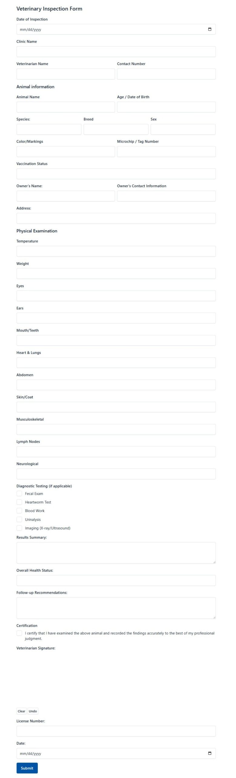 Veterinary Inspection Form