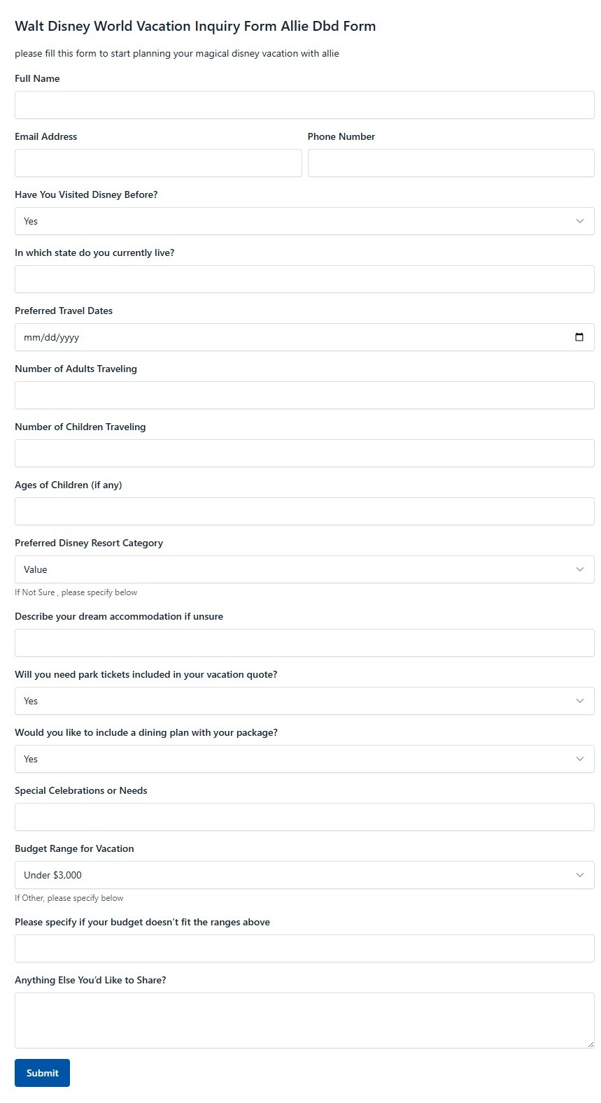 Walt Disney World Vacation Inquiry Form Allie Dbd Form