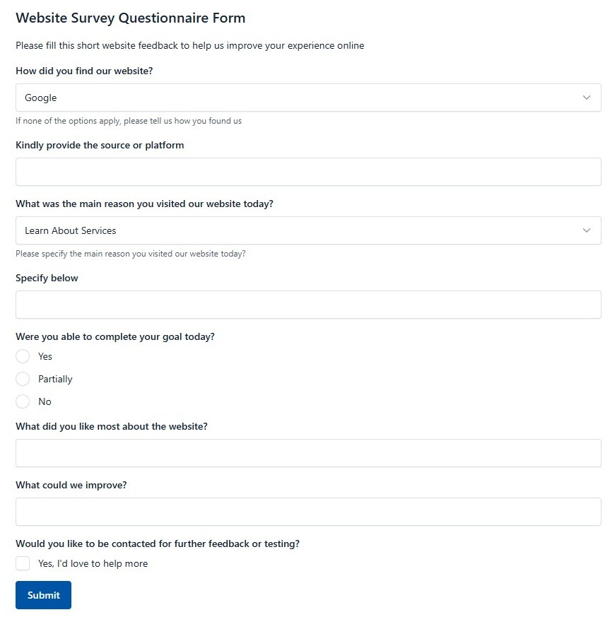 Website Survey Questionnaire Form