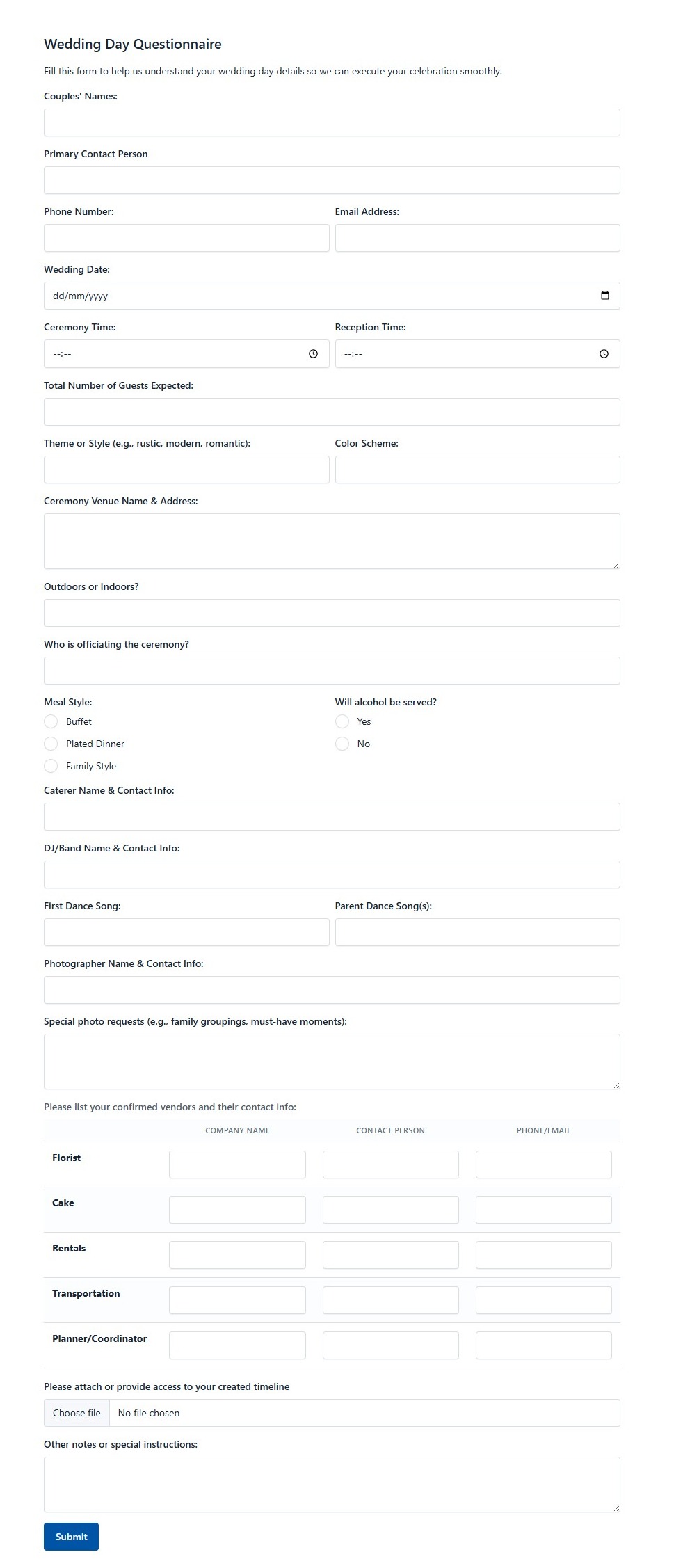 Wedding Day Questionnaire