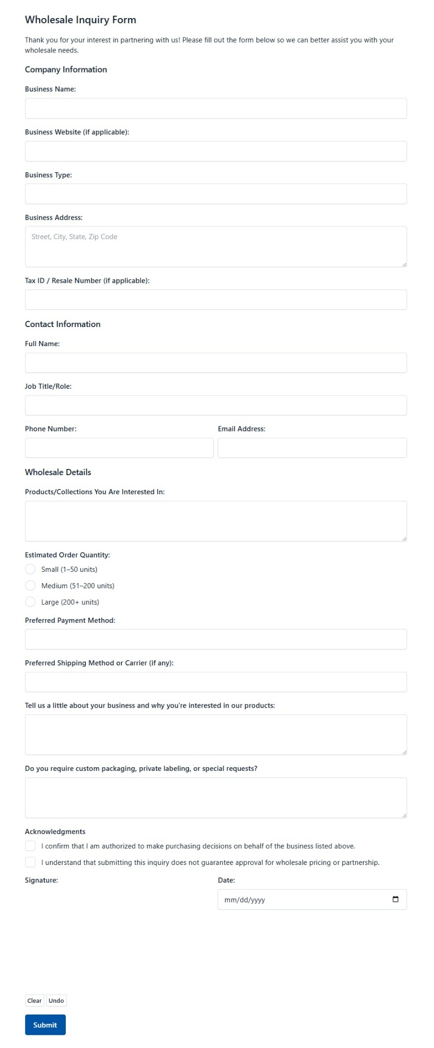 Wholesale Inquiry Form