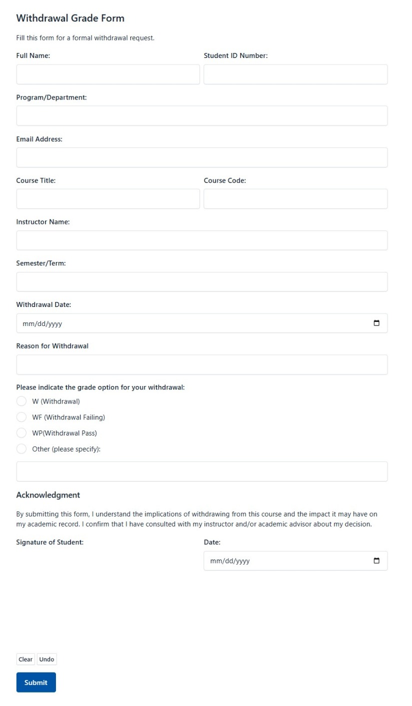 Withdrawal Grade Form