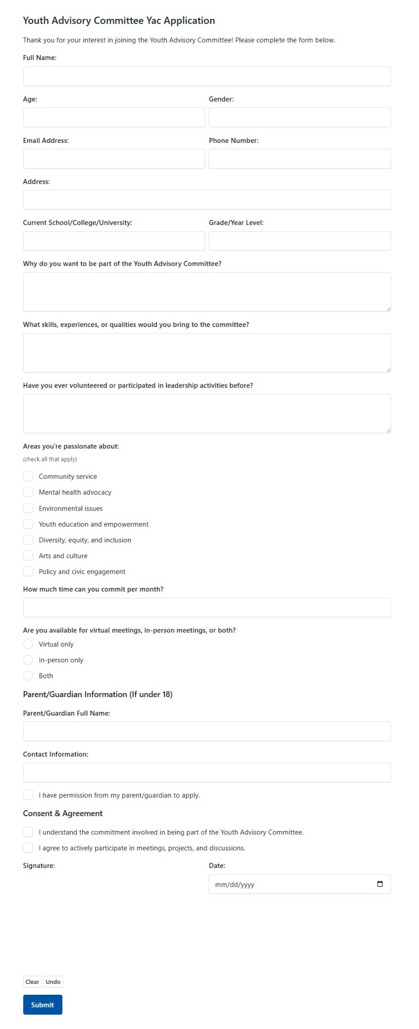 Youth Advisory Committee Yac Application