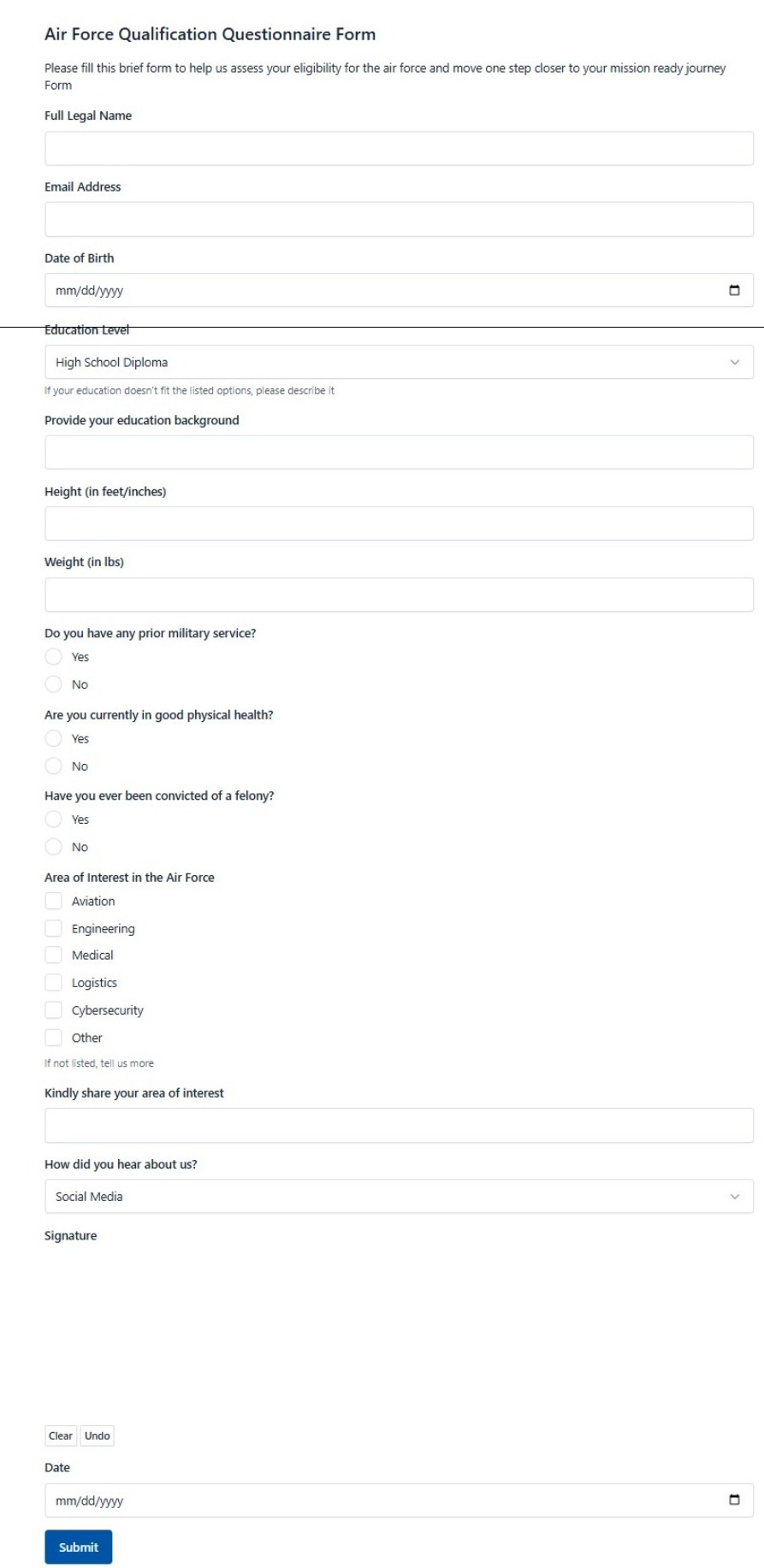 Air Force Qualification Questionnaire Form
