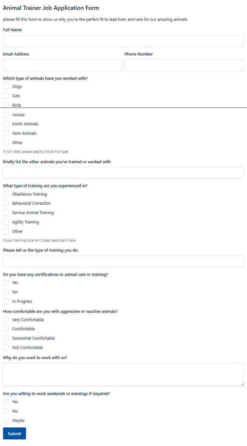 Animal Trainer Job Application Form