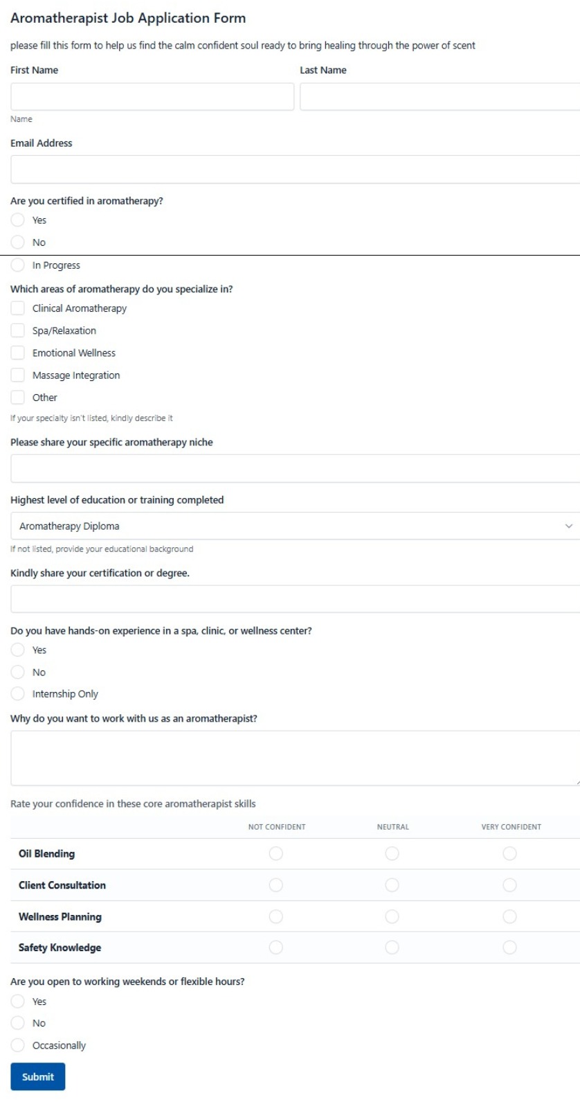 Aromatherapist Job Application Form