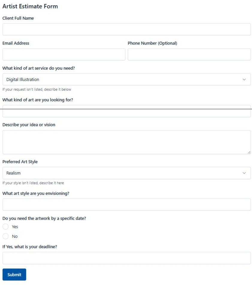 Artist Estimate Form