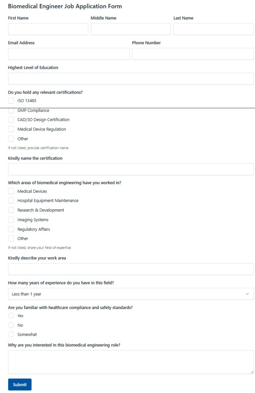 Biomedical Engineer Job Application Form