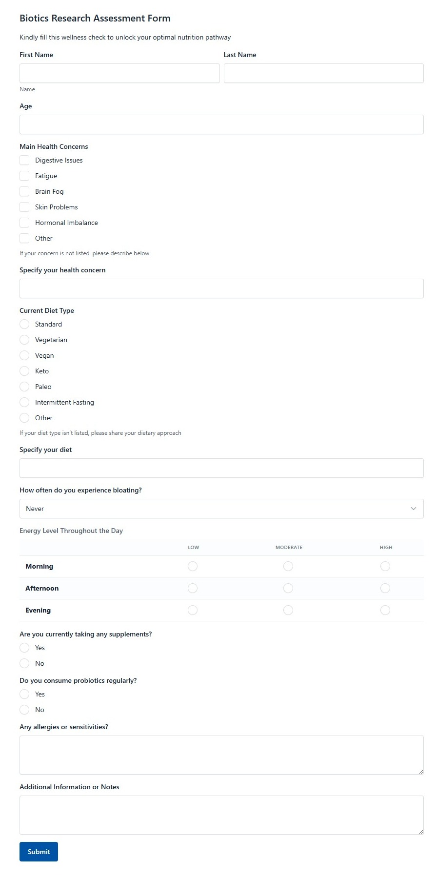 Biotics Research Assessment Form