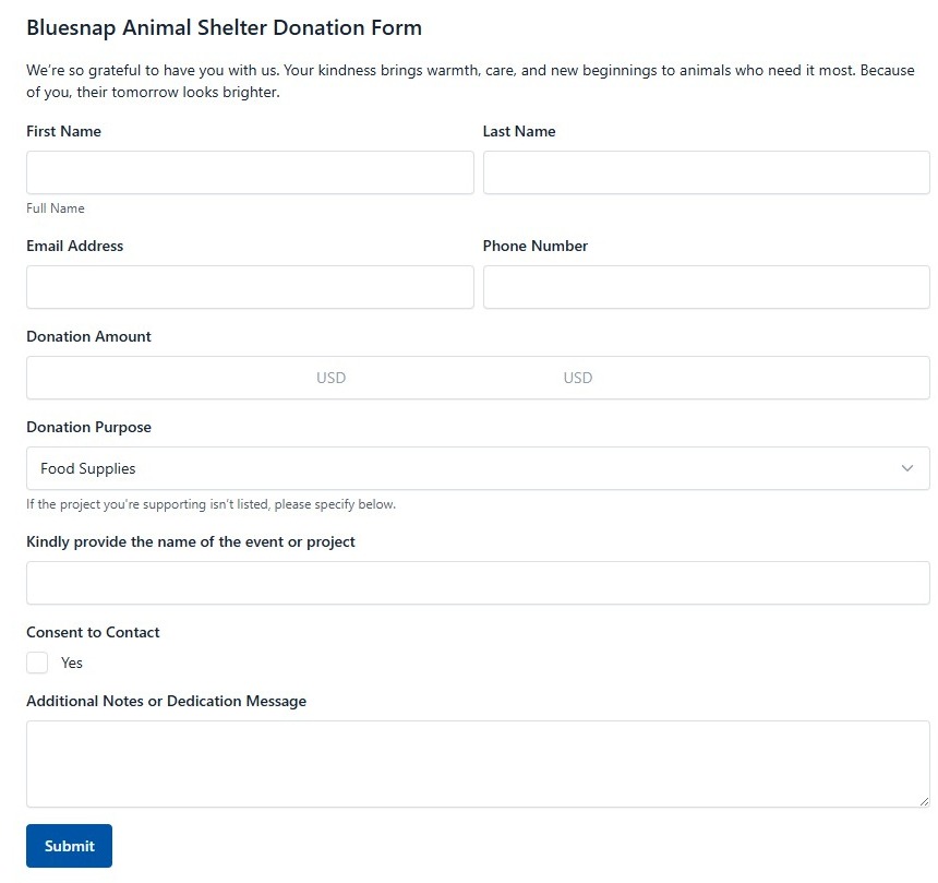 Bluesnap Animal Shelter Donation Form