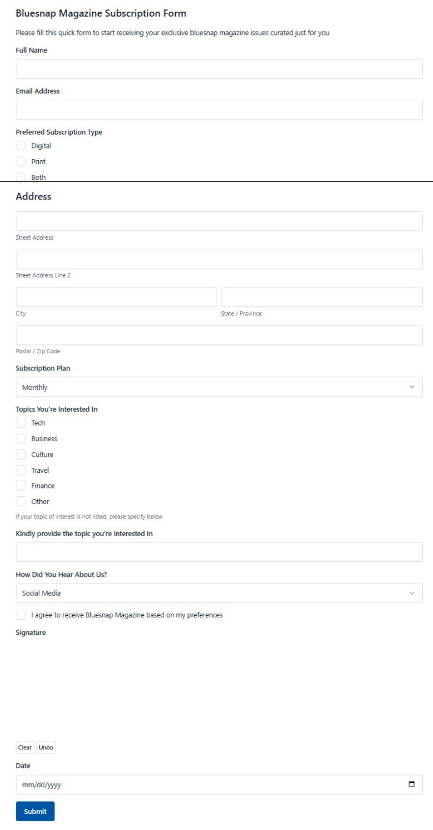 Bluesnap Magazine Subscription Form