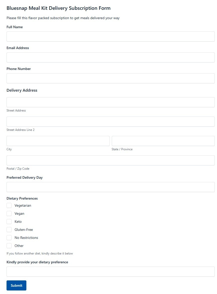 Bluesnap Meal Kit Delivery Subscription Form