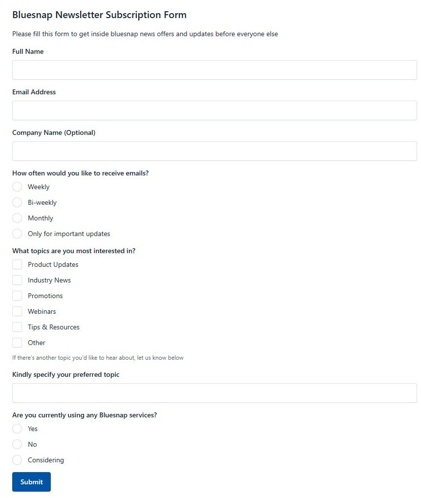 Bluesnap Newsletter Subscription Form