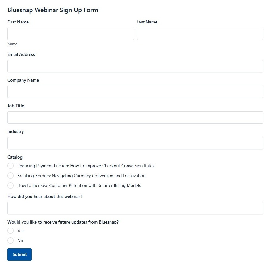 Bluesnap Webinar Sign Up Form