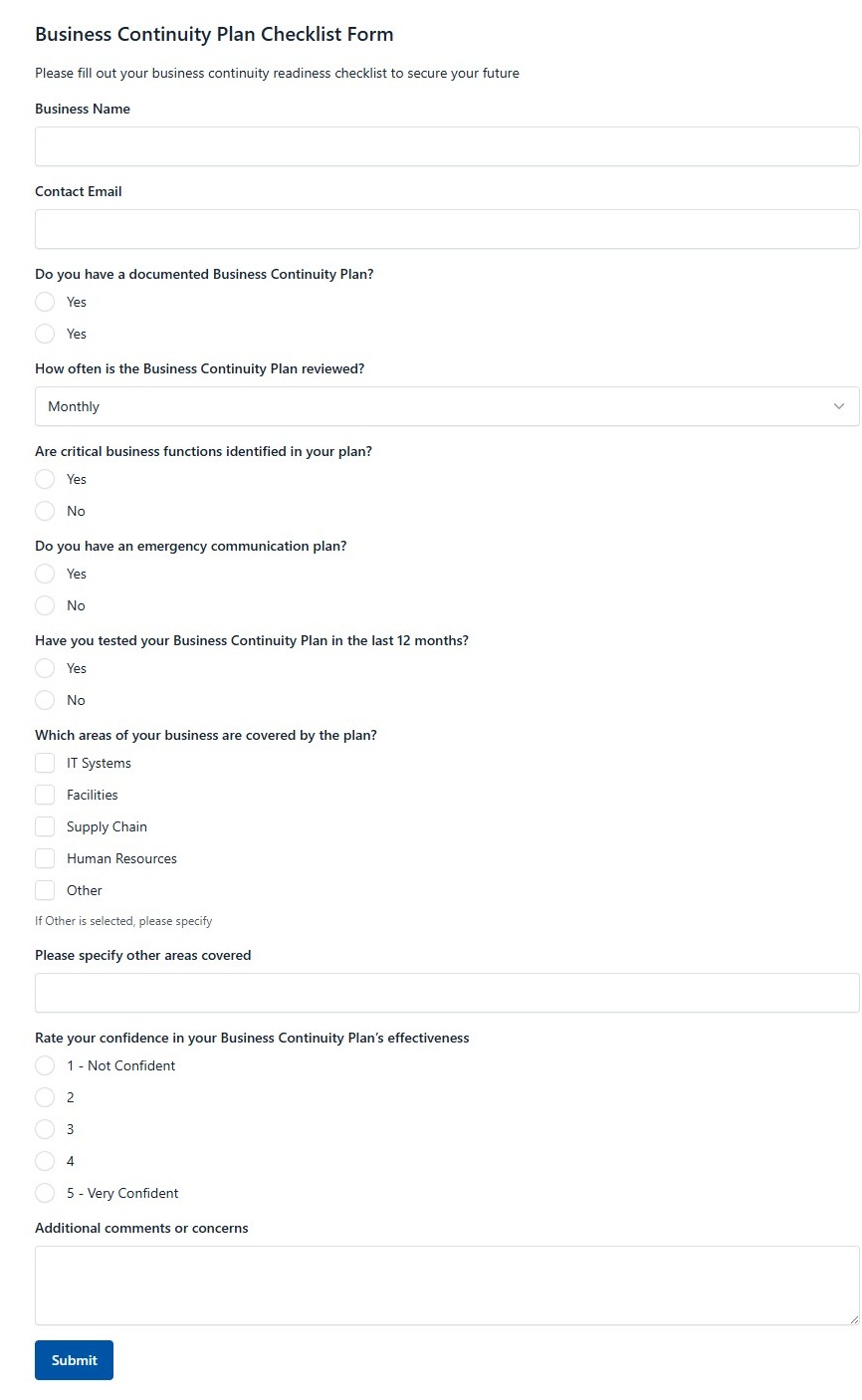 Business Continuity Plan Checklist Form
