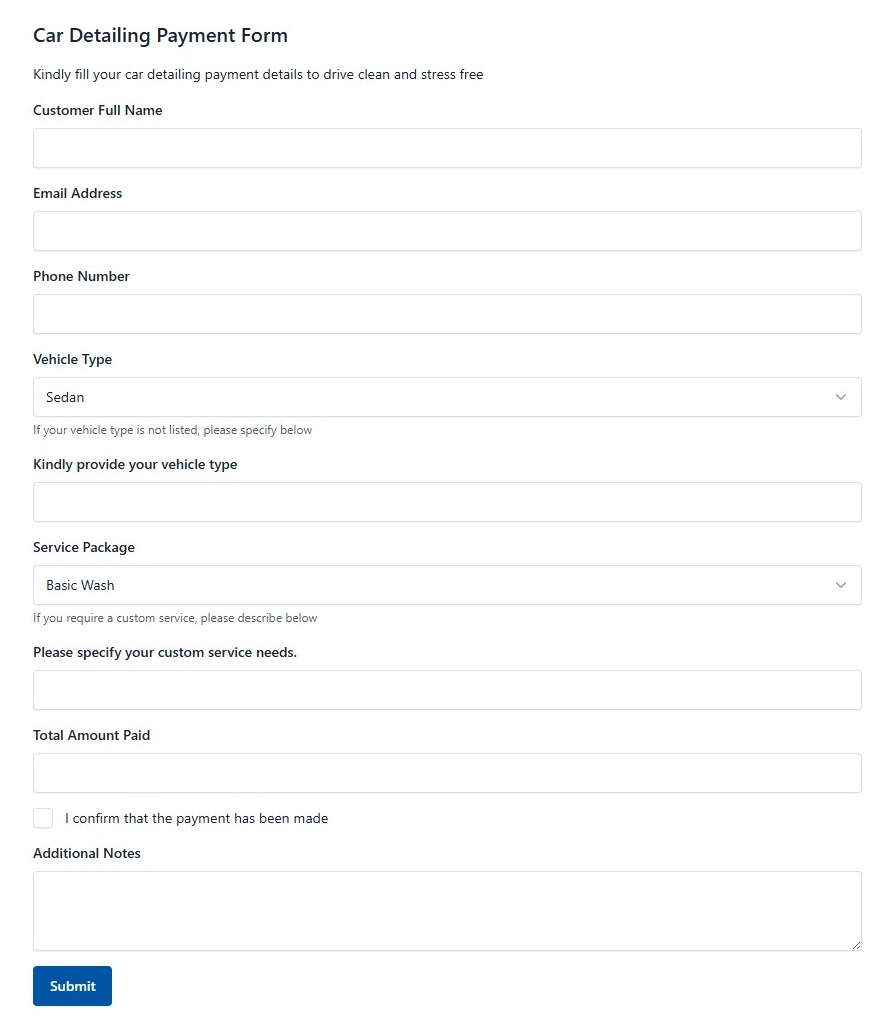 Car Detailing Payment Form