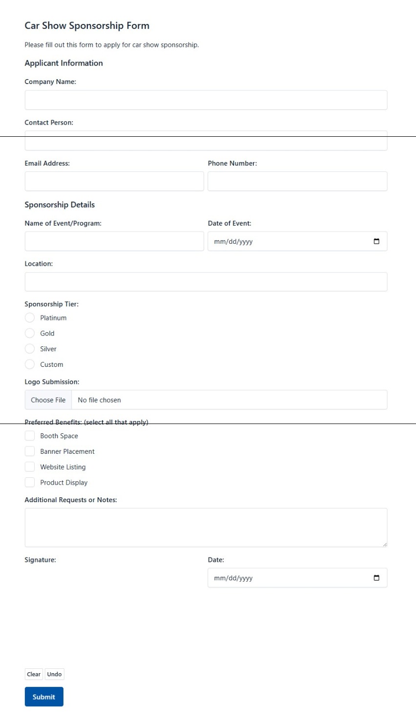 Car Show Sponsorship Form