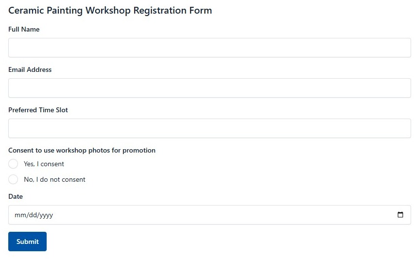 Ceramic Painting Workshop Registration Form