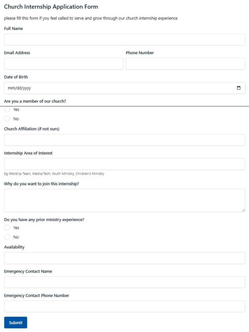 Church Internship Application Form