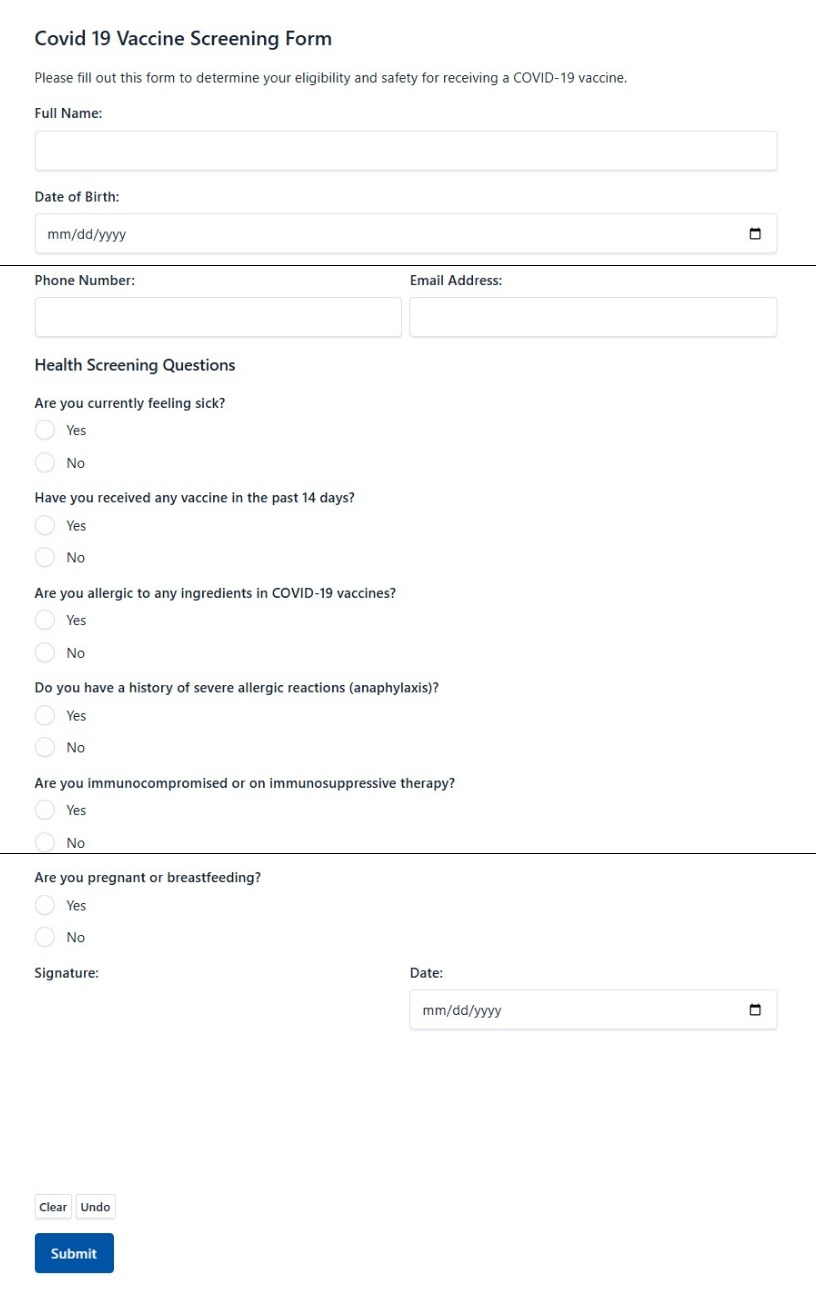 Covid 19 Vaccine Screening Form