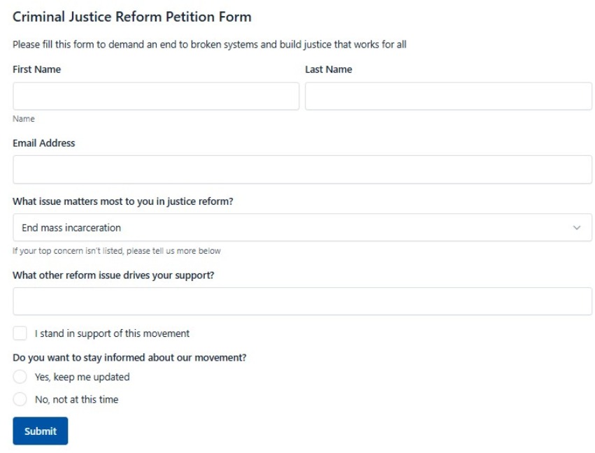 Criminal Justice Reform Petition Form