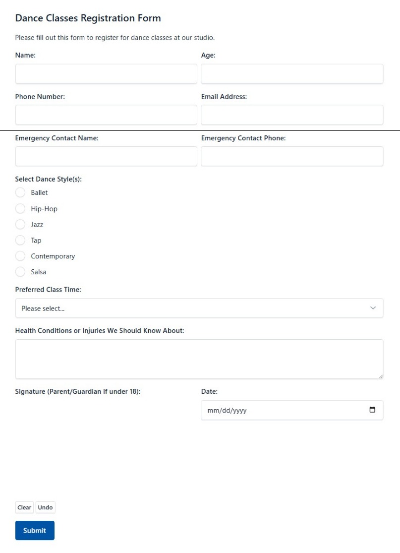 Dance Classes Registration
