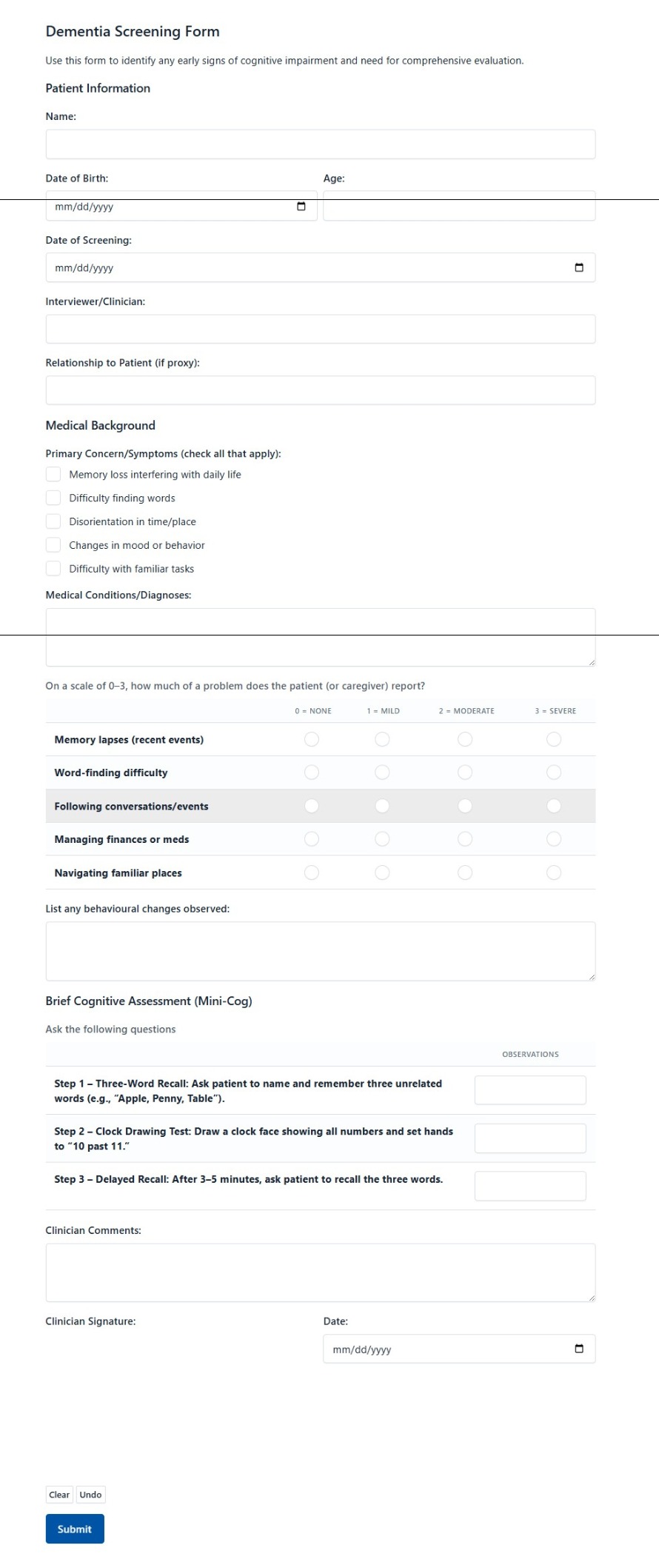 Dementia Screening Form