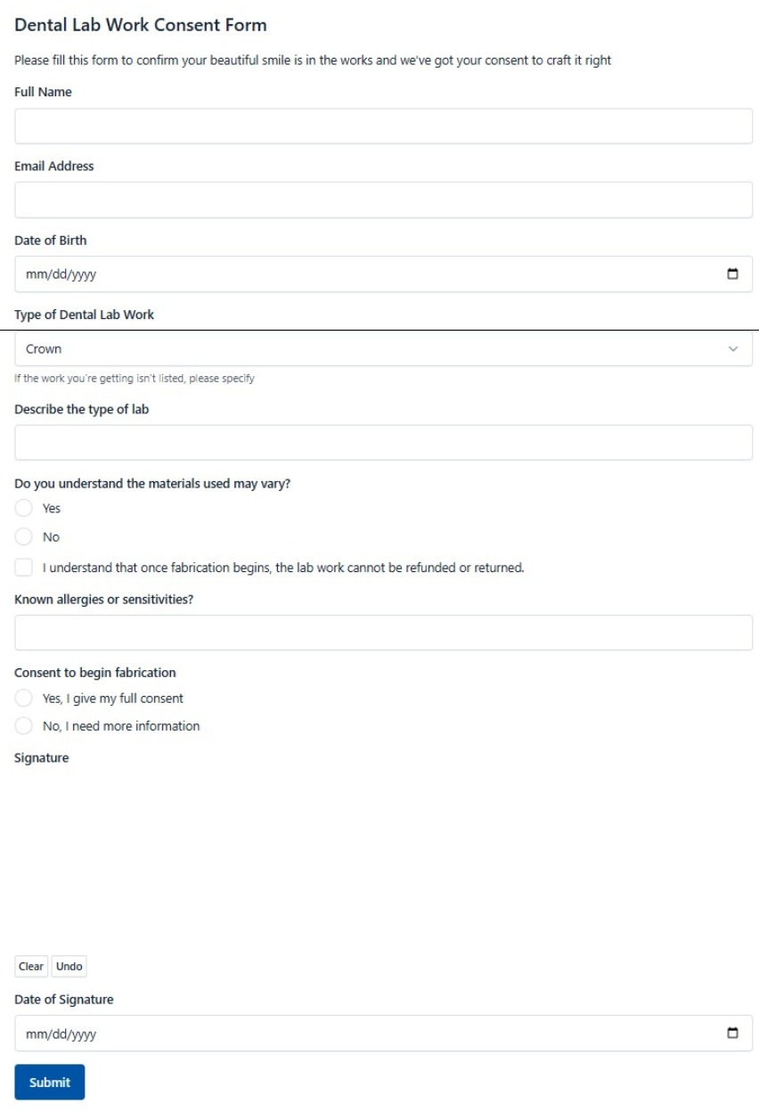Dental Lab Work Consent Form