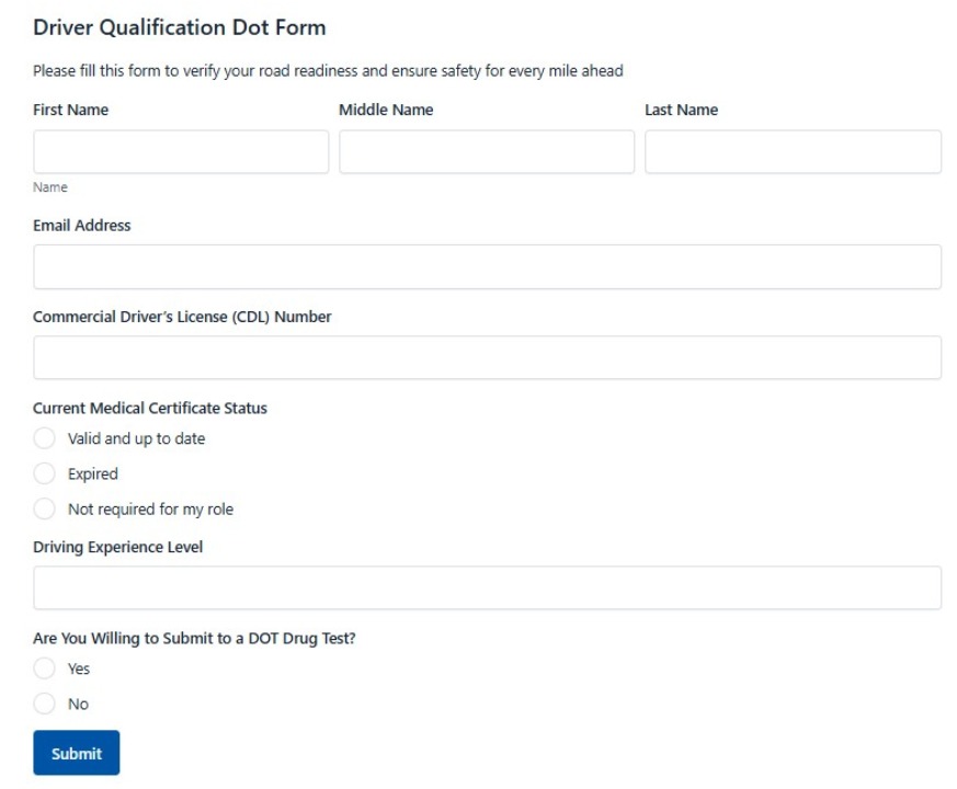 Driver Qualification Dot Form