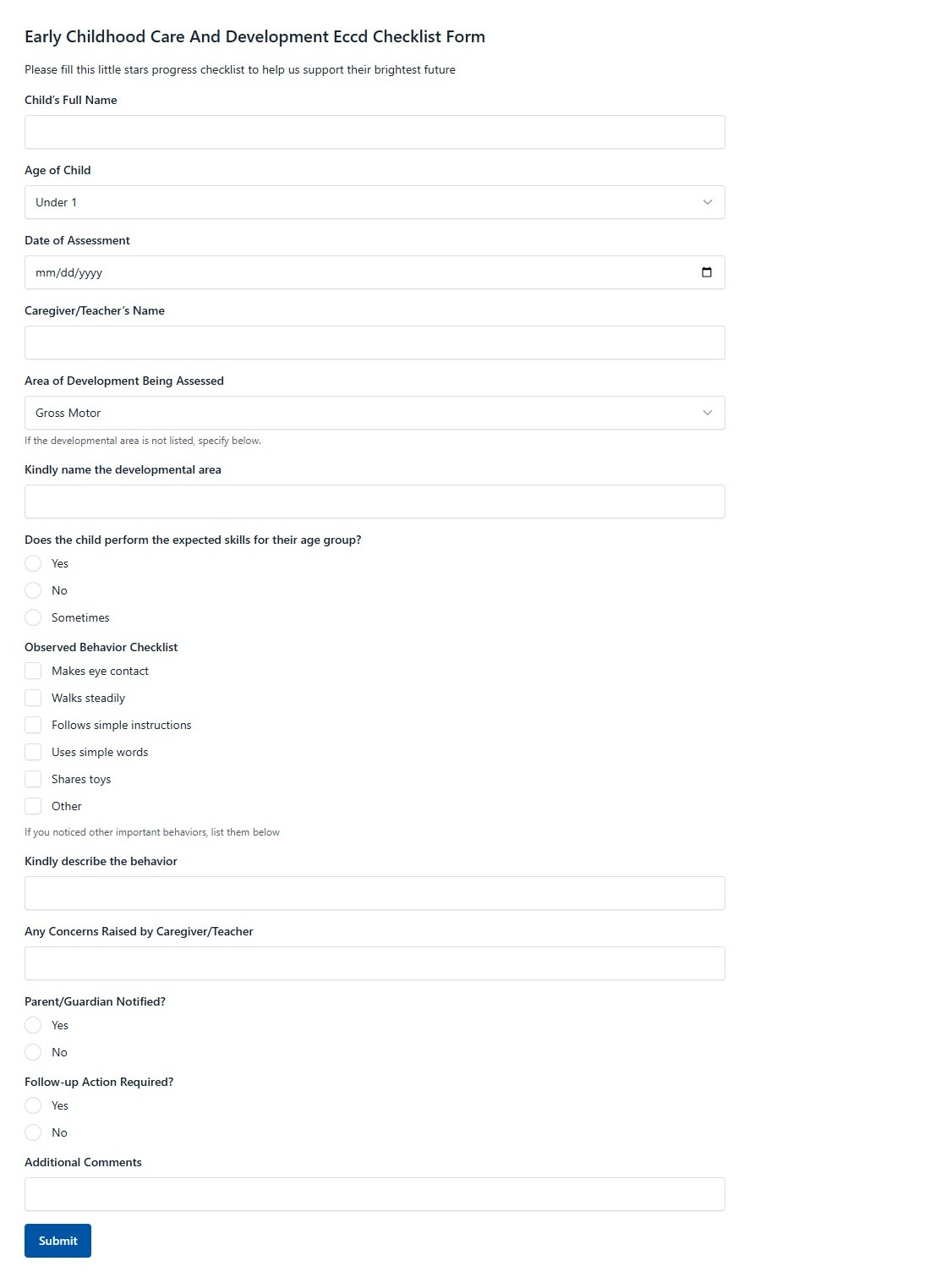 Early Childhood Care And Development Eccd Checklist Form