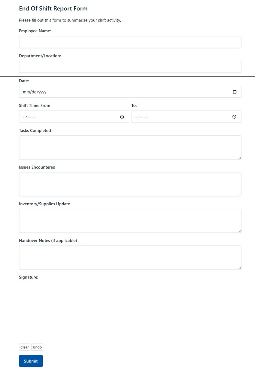 End Of Shift Report Form
